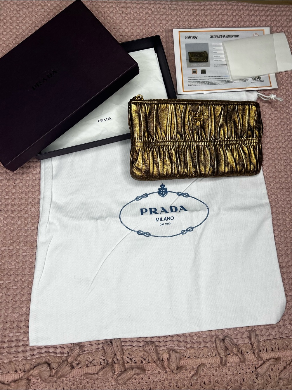 PRADA Metallic Gold Ruched Leather Clutch - Picture 3 of 11